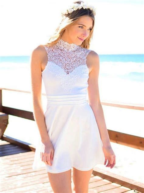 White Lace High Neckline Dress With Open Back Detail Verano