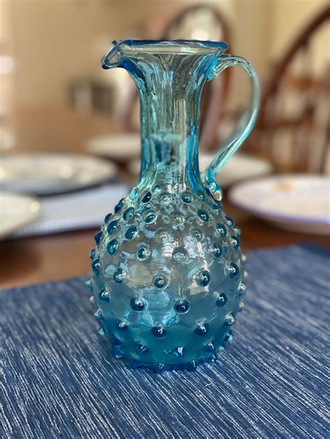Vintage Bubble Glass Blue Pitcher Vase Etsy