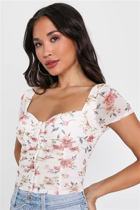 Ivory Floral Print Top Mesh Bustier Top Short Sleeve Crop Top Lulus