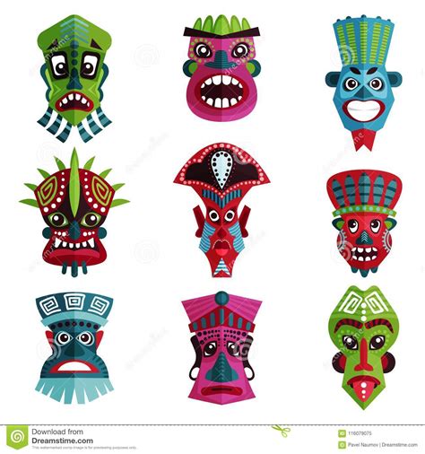 Flat Vector Set Of Colorful Zulu Masks With Ornaments