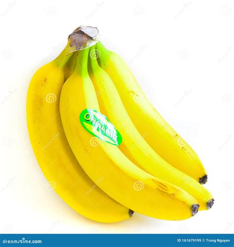 Studio Shot Organic Labeled Banana Cluster Isolated On White Stock