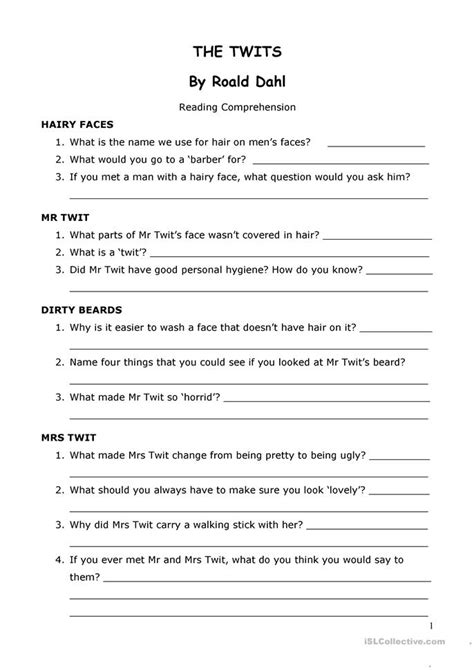 'The Twits' by Roald Dahl Reading Comprehension worksheet - Free ESL