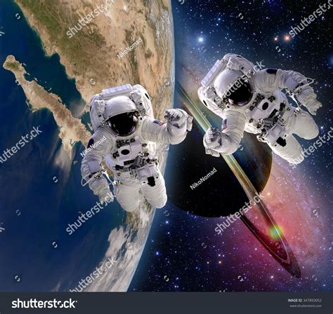 Two Astronauts Handshake Spaceman Sun Saturn Planet Sci Fi Earth Outer