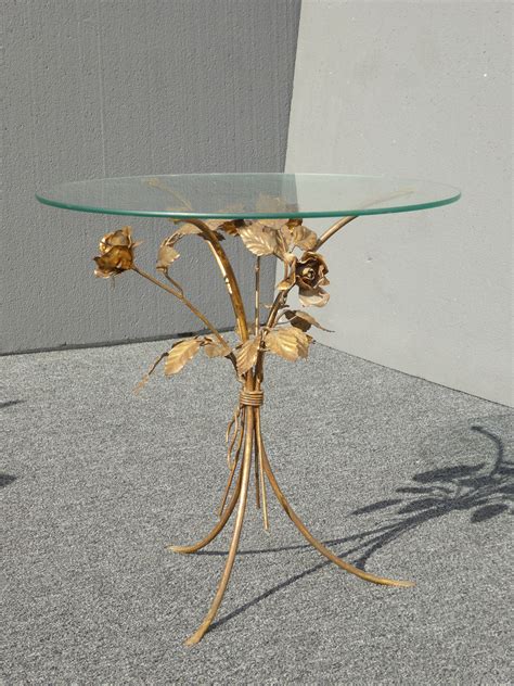 Vintage Italian Gold Gilt Floral Leaf Tole Glass Round Side End Table