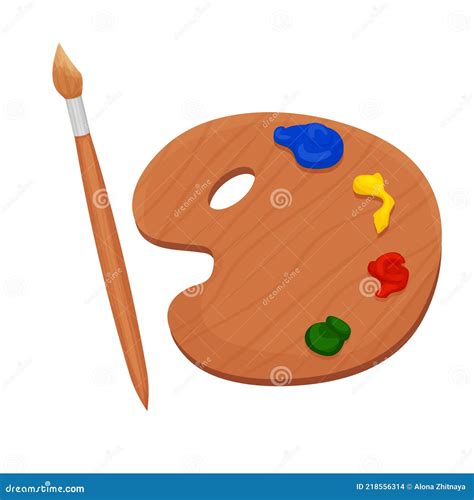 Artist Wooden Palette With Paints In Cartoon Style Isolated On A White