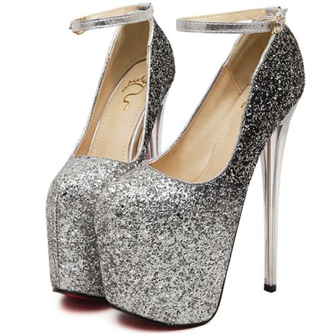 silver glitter bling bling platforms stiletto wine glass super high heels shoes