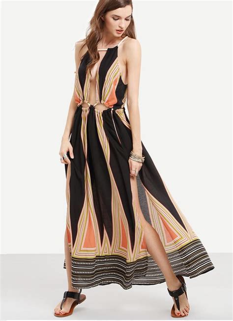 Black L Sexy Stripe Print Halter Neck High Split Sleeveless Boho Maxi Dress Chicuu