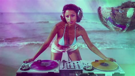 A Beautiful Sexy Female Dj Plays At The Beach At Sunrise Great Clip For Clubs Fashion And