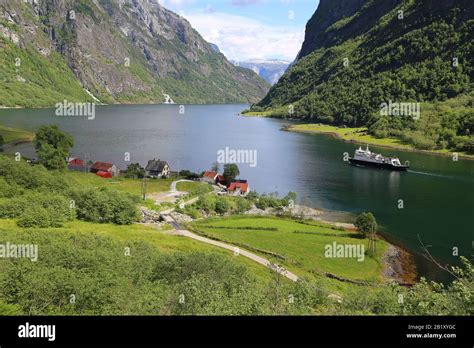 Naeroyfjord Idyllic Fjord Landscape Reflection Ship Ferry Norway