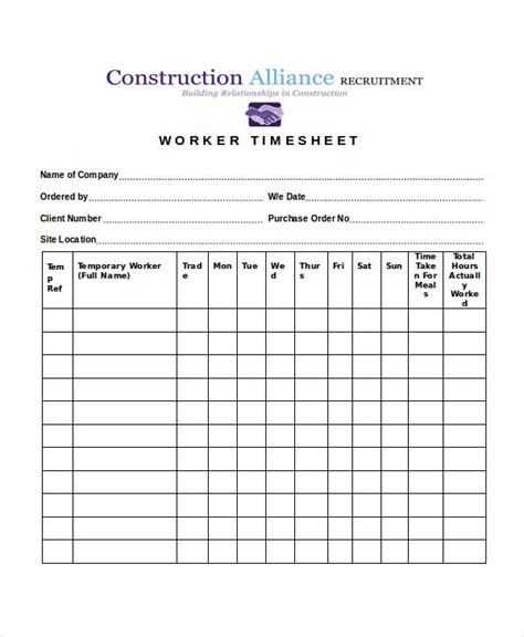Construction Weekly Timesheet Templates