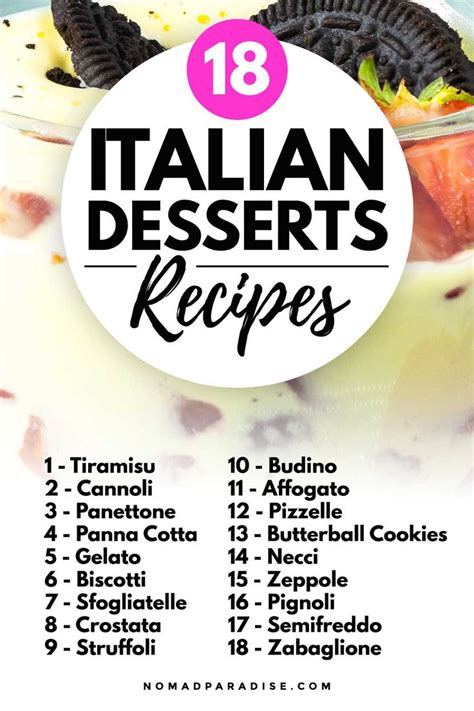 The Italian Desserts Recipe List Is Shown With Text Overlaying It And