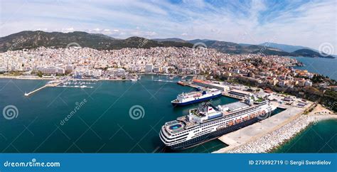 Aerial View Cruise Ship in Port of Kavala. Visitors Can Enjoy