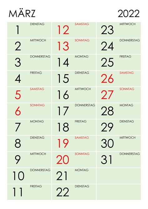 Kalender März 2022 Im Hochformat 3 Spalten Kalendersu