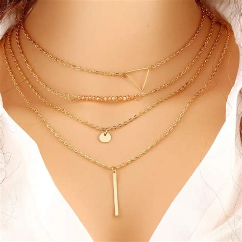 Kittenup New Fashion Simple Multilayer Gold Color Chain Triangle Chokers Necklace For Women