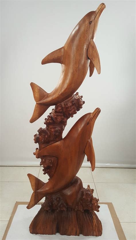 Double Dolphins Statue 40 Hand Carved From Exotic Hardwood From Bali