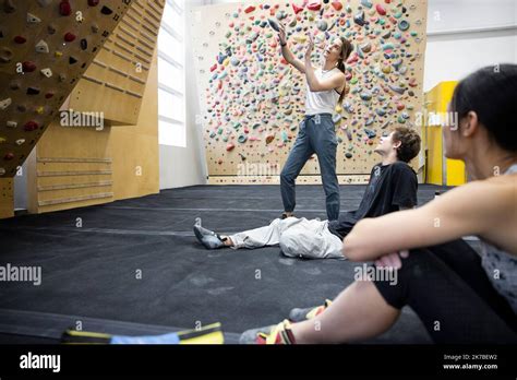 Climbers Visualizing Below Wall In Climbing Gym Stock Photo Alamy