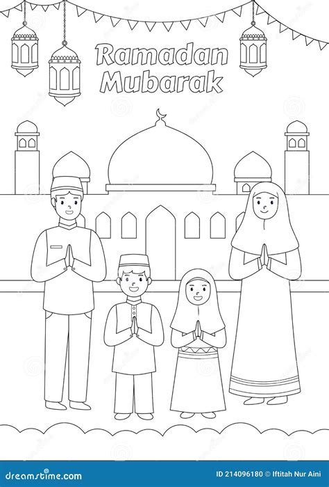 Coloring Book Of Muslim Character In Ramadan Kareem Illustration Vector