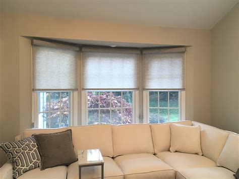 Custom Roller Shades With Fabric Covered Headrails For Bay Windows