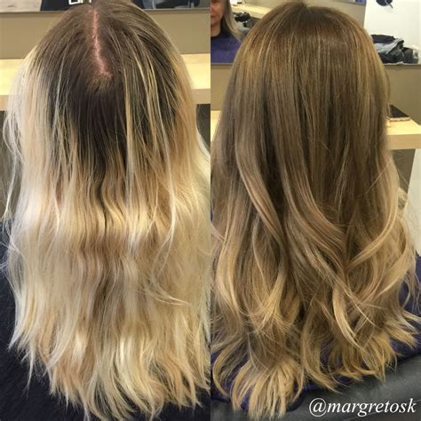 Comb your hair into a middle part, so. Before and after coloring. From really blonde ends with ...