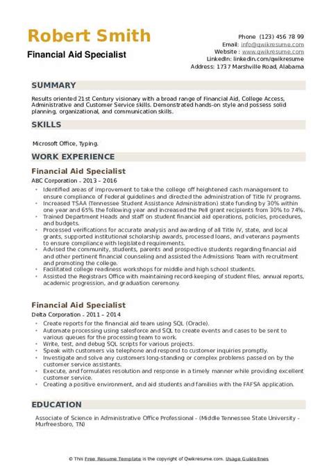 Job in the public sector. Financial Aid Specialist Resume Samples | QwikResume