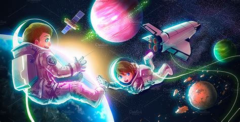 Cartoon Astronaut Kid In Outer Space Education Illustrations