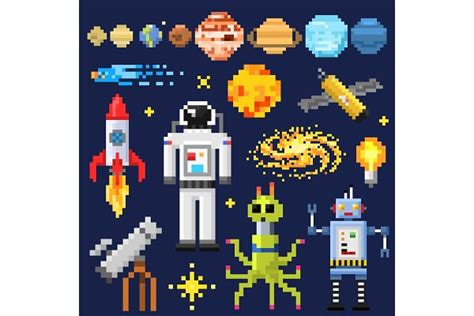 Set Of Space Stars Alien Spaceman Robot Rocket And
