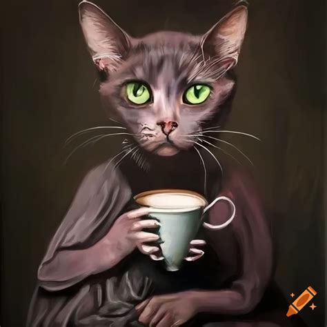 Surreal Painting Of A Poet Lykoi Cat Drinking Coffee On Craiyon