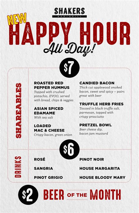 Happy Hour Menu Shakers Bar And Grill