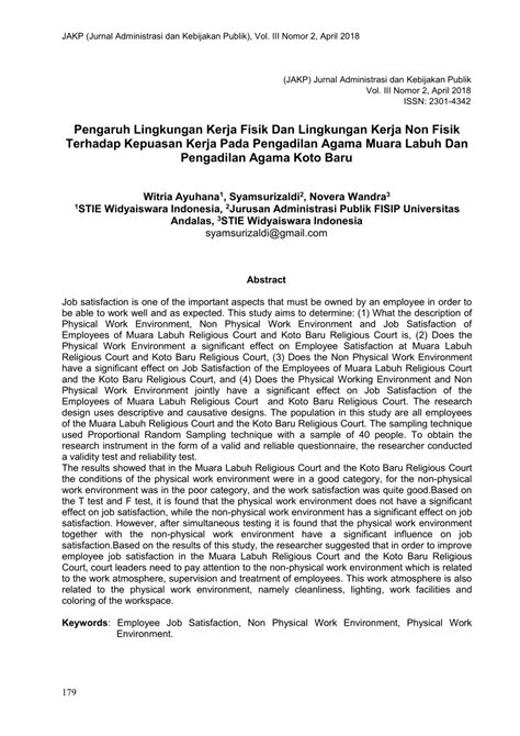 Pdf Pengaruh Lingkungan Kerja Fisik Dan Lingkungan Kerja Non Fisik