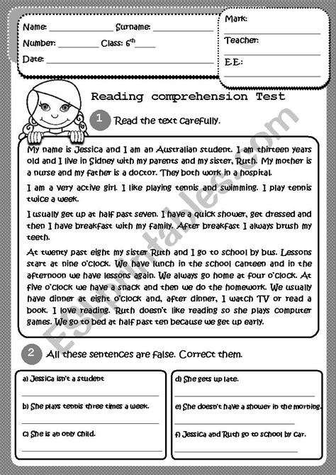 There are a lot of kinds of english exercises that cover all skills like grammar, reading comprehension, writing, listening, vocabulary. Reading comprehension test - ESL worksheet by evelinamaria