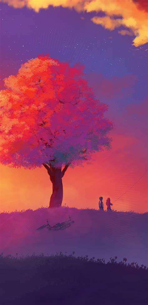 1440x2960 Kite Colorful Painting Sunset Tree Samsung