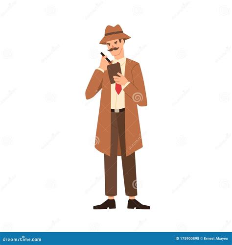 Cartoon Professional Man Detective With Mustache Making Notes Vector