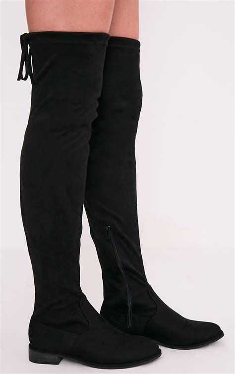 Hillary Black Faux Suede Over The Knee Flat Boots Boots