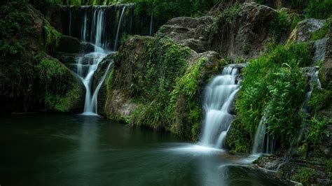 Waterfall Stream Between Green Plants Covered Rock Pouring On River 4k