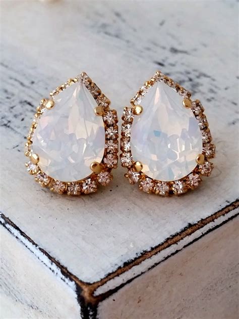 White Opal Crystal Stud Earrings Swarovski By Eldortinajewelry Gold
