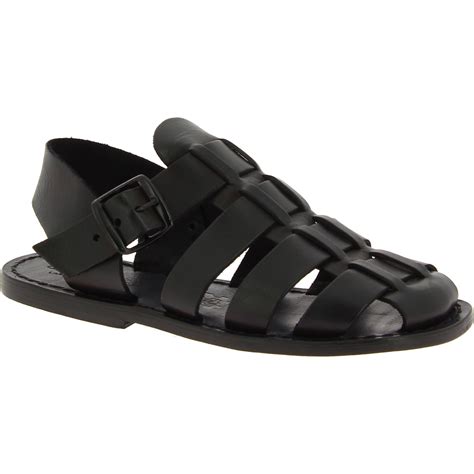 Handmade Mens Fisherman Sandals In Black Leather Made In Italy The
