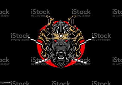 Badass Japanese Angry Lion Samurai Warrior Vector Illustration Stock