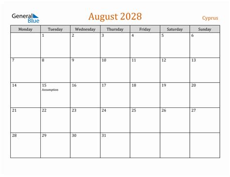 Free August 2028 Cyprus Calendar