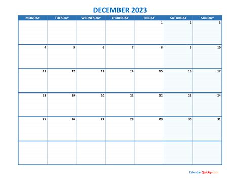 December Monday 2023 Blank Calendar Calendar Quickly