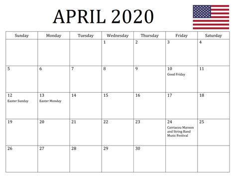 April 2020 Calendar Usa Holiday Calendar Federal Holiday Calendar