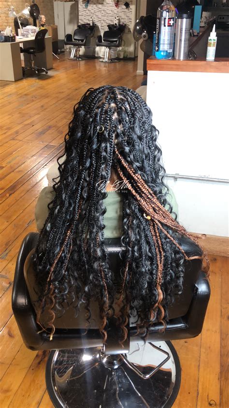 Add the previous piece of hair with the next section, and continue looping until you get to the back. Bohemian box braids | Braids with curls, Braids for black ...