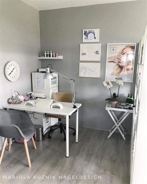 Here's a look at the creative, clever, and varied surfaces where manicure magic is nail desk tour | nail tech desk organization tips. Nice small space nail technician room idea | home nail ...