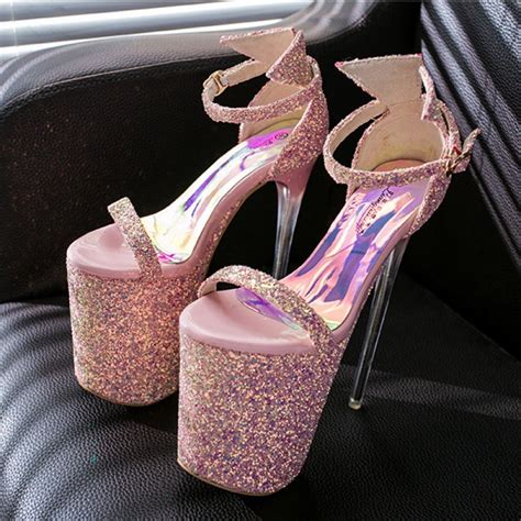 pink glitter bling bling platforms stiletto super high heels shoes