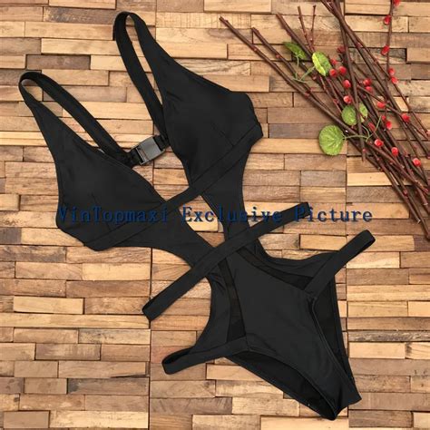 Sexy Black Bodysuit High Cut Monokini Bandage One Piece Swimwear Hollow Out High Waist Swimsuit