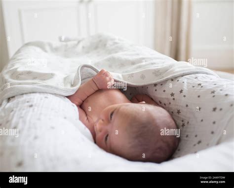 Newborn Baby Boy Laying In Bassinet Stock Photo Alamy