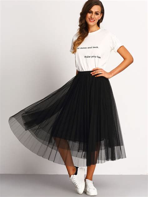 Black Mesh Pleated Skirt In 2019 Black Pleated Skirt Elastic Waist