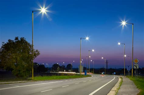 Night Empty Road With Modern Led Street Lights Entrance To A Small Town