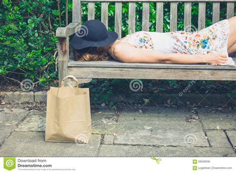 Young Woman Relaxing On Bench In Park Stock Photo Image Of Summer