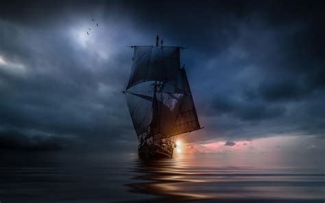 Landscape Nature Sea Clouds Sunset Sailing Ship Storm Water