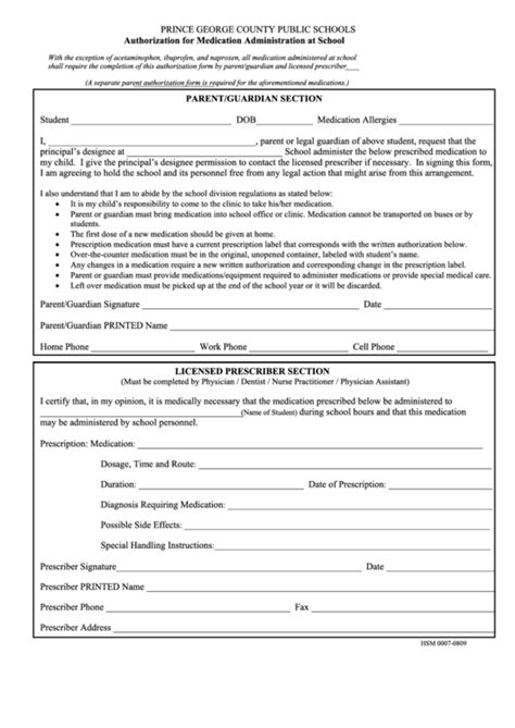 Authorization For Medication Administration At School Form Printable